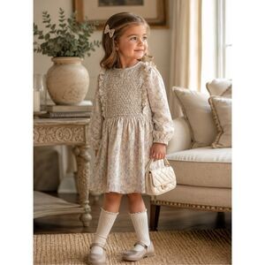 MINNOW Pastel Floral Smocked Dress Long Sleeve Ruffle Detail Cottagecore Sz 3/4T